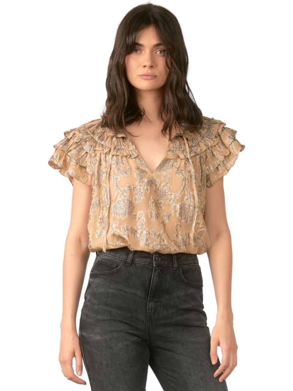 Sen Ander Ruffle Metallic Gold Blouse Size Small